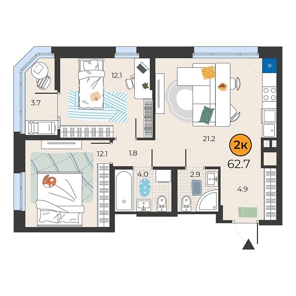 Новая 2-к квартира
 62.7 м² на 10/14 этаже в ЖК «Корней» в городе Тюмень 