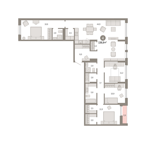 Новая 4-к квартира
 138.81 м² на 7/15 этаже в ЖК «Республики 205» в городе Тюмень 