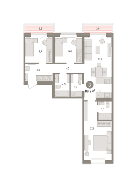 Новая 3-к квартира
 88.24 м² на 6/7 этаже в ЖК «Кварталы «На Минской»» в городе Тюмень 