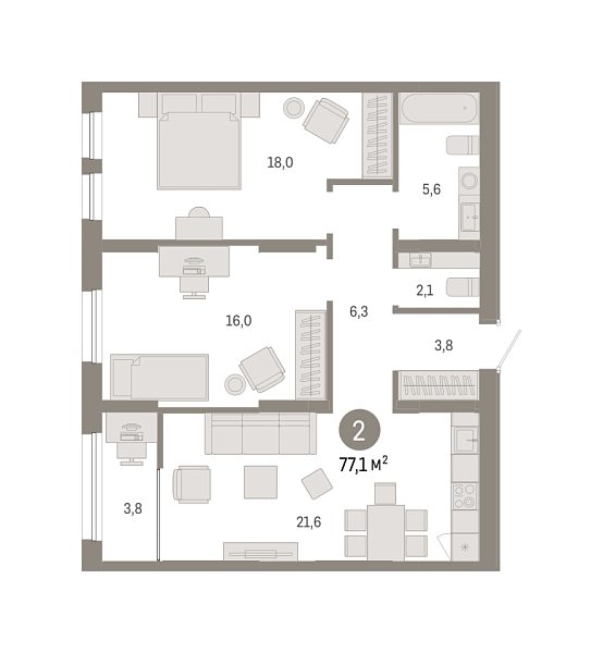 Новая 2-к квартира
 77.05 м² на 13/15 этаже в ЖК «Республики 205» в городе Тюмень 