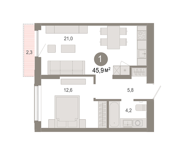 Новая 1-к квартира
 45.93 м² на 10/17 этаже в ЖК «Октябрьский на Туре» в городе Тюмень 