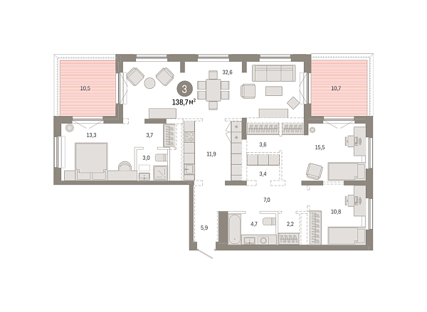 Новая 3-к квартира
 138.74 м² на 17/17 этаже в ЖК «Октябрьский на Туре» в городе Тюмень 