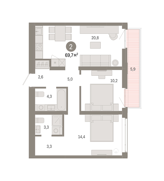 Новая 2-к квартира
 69.7 м² на 7/9 этаже в ЖК «Республики 205» в городе Тюмень 