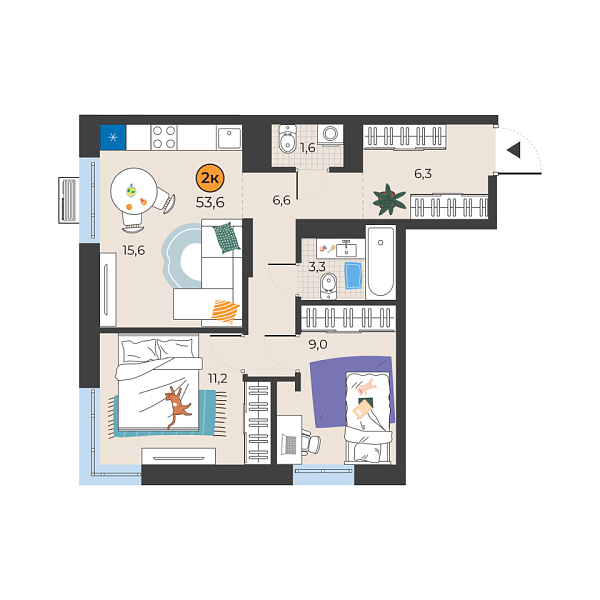 Новая 2-к квартира
 53.6 м² на 4/25 этаже в ЖК «Корней» в городе Тюмень 