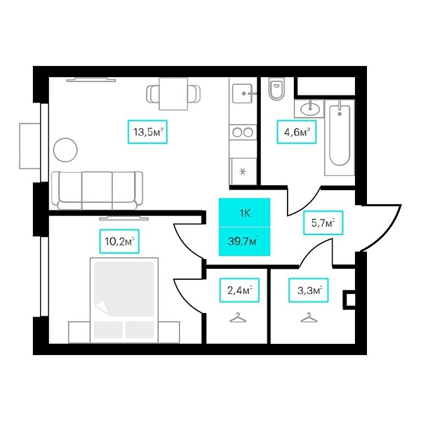 Новая 1-к квартира
 39.7 м² на 9/23 этаже в ЖК «Futuro» в городе Тюмень 