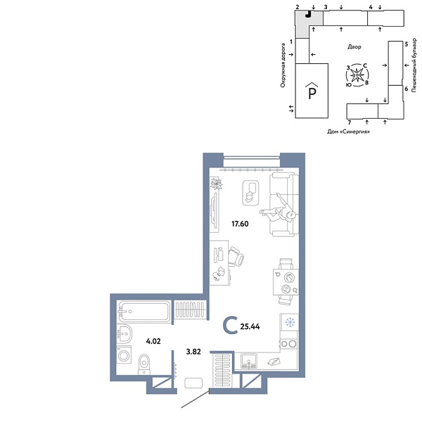 Новая квартира-студия
 25.44 м² на 12/16 этаже в ЖК «Юнион» в городе Тюмень 