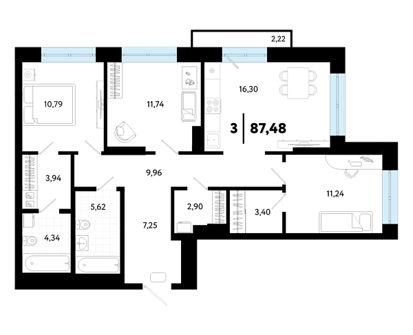 Новая 3-к квартира
 87.48 м² на 6/24 этаже в ЖК «Квартал в Гагаринском парке» в городе Тюмень 