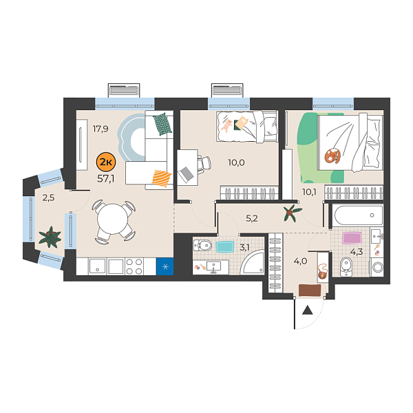 Новая 2-к квартира
 55.4 м² на 18/25 этаже в ЖК «Корней» в городе Тюмень 