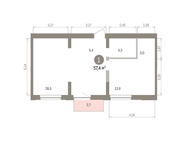 Количество комнат: 1,  56.9 кв.м.