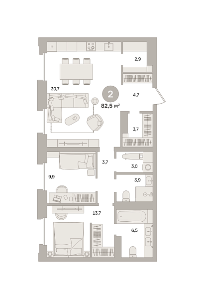Новая 2-к квартира
 82.5 м² на 21/24 этаже в ЖК «Квартал «МОНС»» в городе Тюмень 