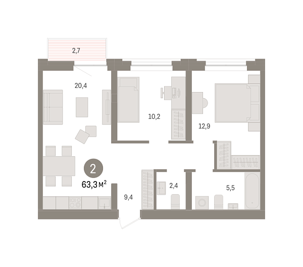 Новая 2-к квартира
 63.3 м² на 6/10 этаже в ЖК «Речной порт» в городе Тюмень 
