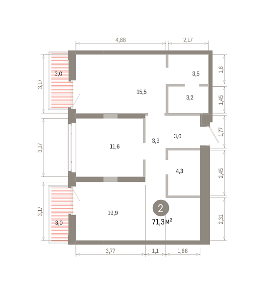 Количество комнат: 2,  71.34 кв.м.