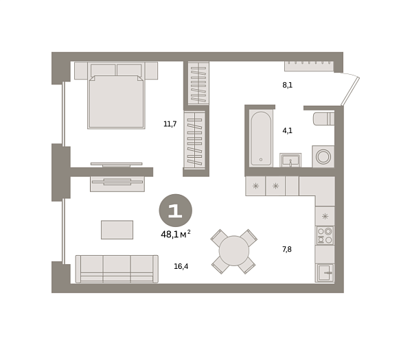Новая 1-к квартира
 48.1 м² на 2/9 этаже в ЖК «Квартал «Метроном»» в городе Тюмень 