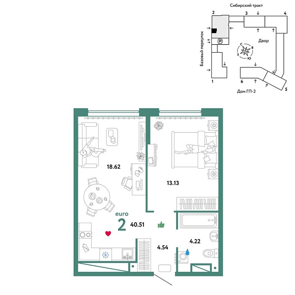 Новая 2-к квартира
 40.51 м² на 28/32 этаже в ЖК «Сибирский сад» в городе Тюмень 