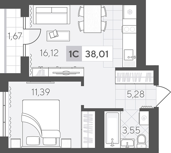 Новая 1-к квартира
 38.01 м² на 6/17 этаже в ЖК «Скандиа. Квартал в Комарово Парк» в городе Тюмень 