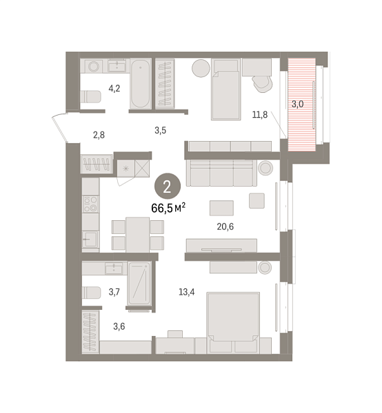 Новая 2-к квартира
 66.49 м² на 4/7 этаже в ЖК «Кварталы «На Минской»» в городе Тюмень 