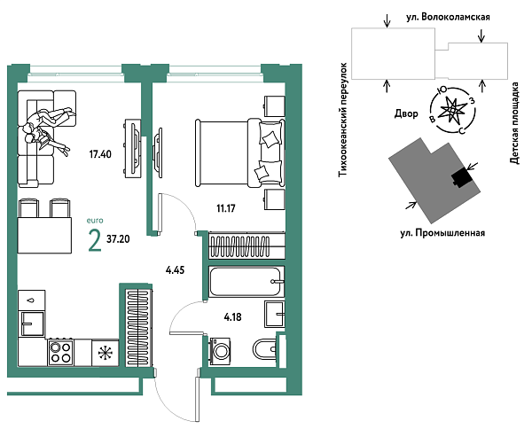 Новая 2-к квартира
 37.2 м² на 19/20 этаже в ЖК «Страна.Прибрежная» в городе Тюмень 