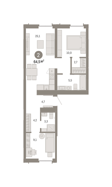 Новая 2-к квартира
 64.45 м² на 3/8 этаже в ЖК «Республики 205» в городе Тюмень 