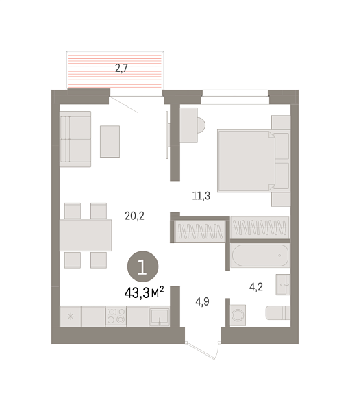 Новая 1-к квартира
 43.3 м² на 6/9 этаже в ЖК «Речной порт» в городе Тюмень 