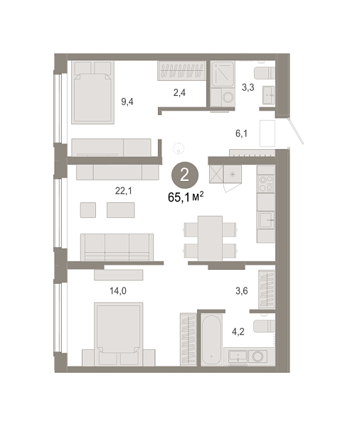 Новая 2-к квартира
 65.08 м² на 2/17 этаже в ЖК «Октябрьский на Туре» в городе Тюмень 