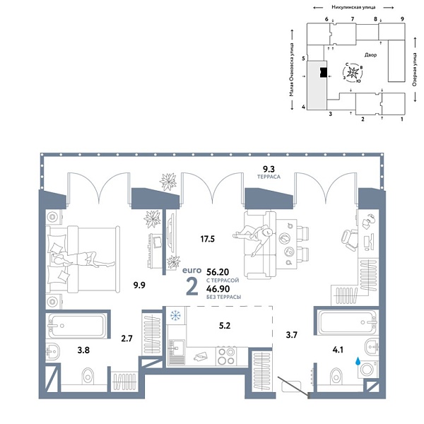 Новая 2-к квартира
 56.2 м² на 19/30 этаже в ЖК «Страна.Озёрная» в городе Тюмень 