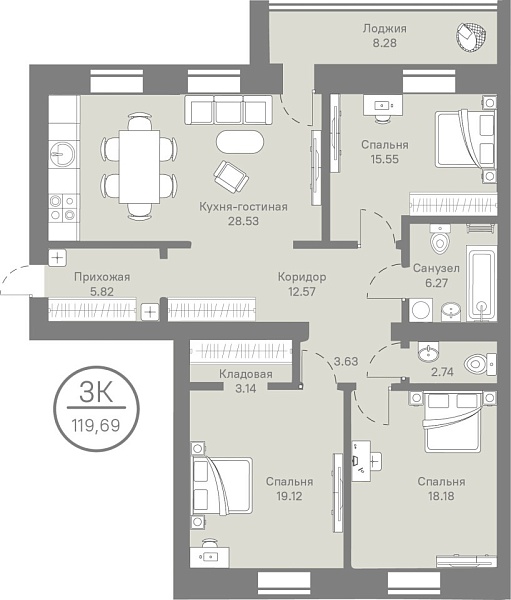 Новая 3-к квартира
 119.69 м² на 7/9 этаже в ЖК «Ария» в городе Тюмень 