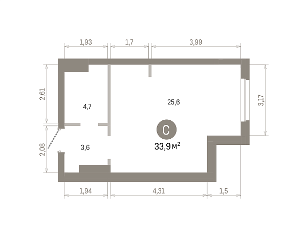 Количество комнат: Студия,  33.44 кв.м.