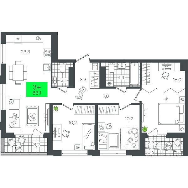 Количество комнат: 3,  83.1 кв.м.