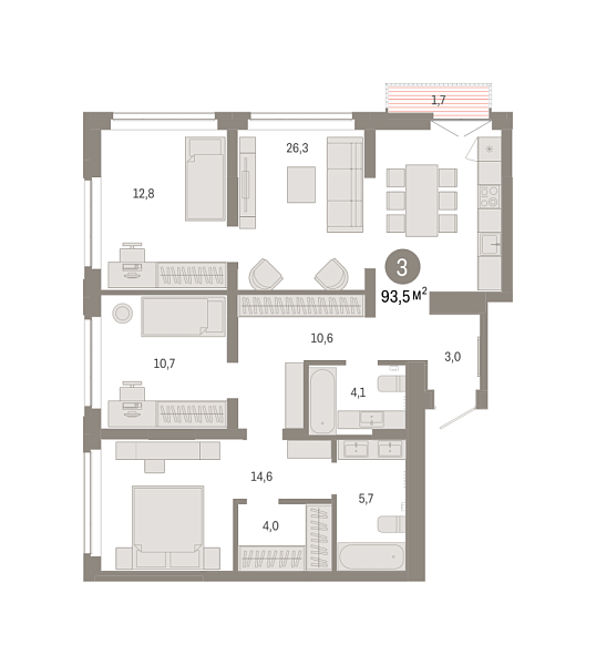 Новая 3-к квартира
 93.48 м² на 11/16 этаже в ЖК «Республики 205» в городе Тюмень 