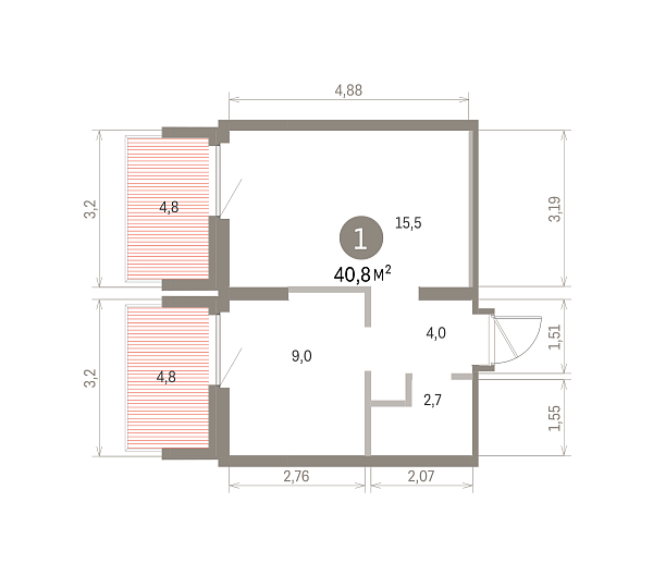 Количество комнат: 1,  40.79 кв.м.