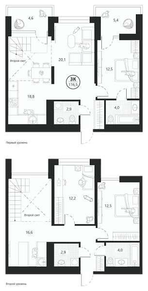 Новая 3-к квартира
 116.5 м² на 21/22 этаже в ЖК «Маэстро» в городе Тюмень 