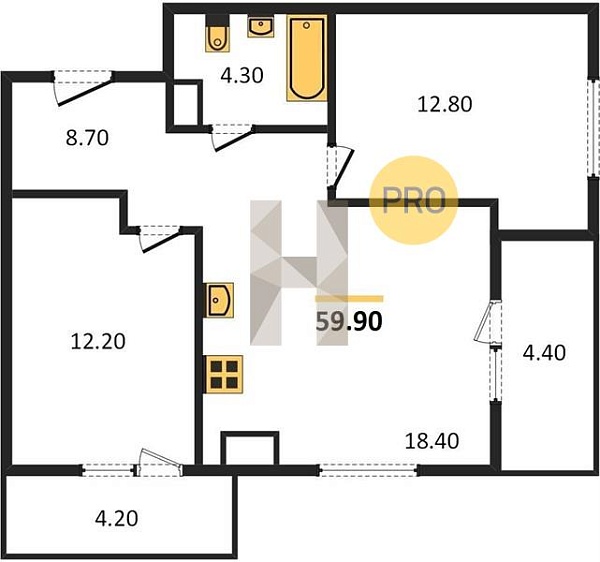 Новая 2-к квартира
 59.9 м² на 19/24 этаже в ЖК «Мята» в городе Тюмень 