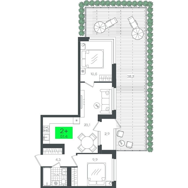 Новая 2-к квартира
 51.4 м² на 1/16 этаже в ЖК «ЖК Андерсен Парк» в городе Тюмень 