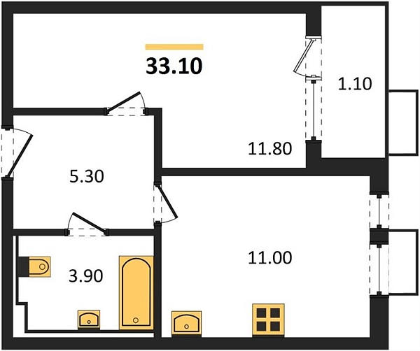 Новая 1-к квартира
 33.1 м² на 24/24 этаже в ЖК «Барса» в городе Тюмень 