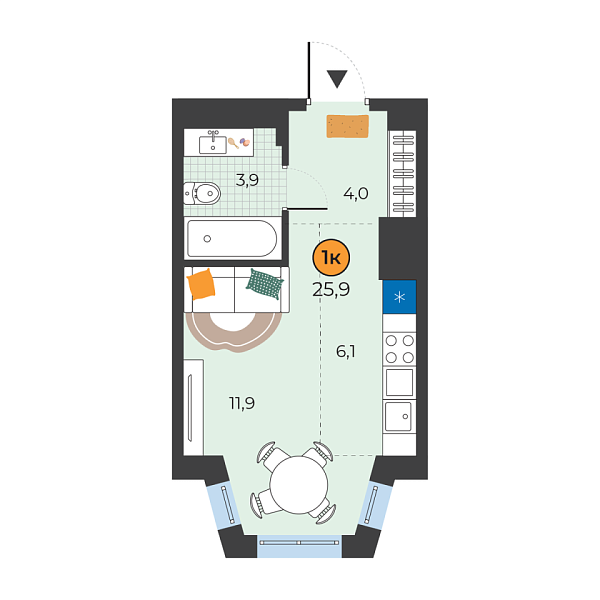 Новая квартира-студия
 25.9 м² на 19/25 этаже в ЖК «Корней» в городе Тюмень 
