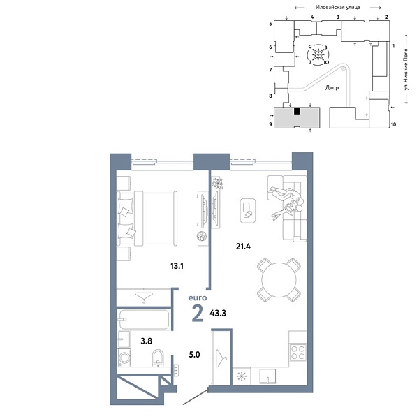 Новая 2-к квартира
 43.3 м² на 32/38 этаже в ЖК «Страна.Заречная» в городе Тюмень 