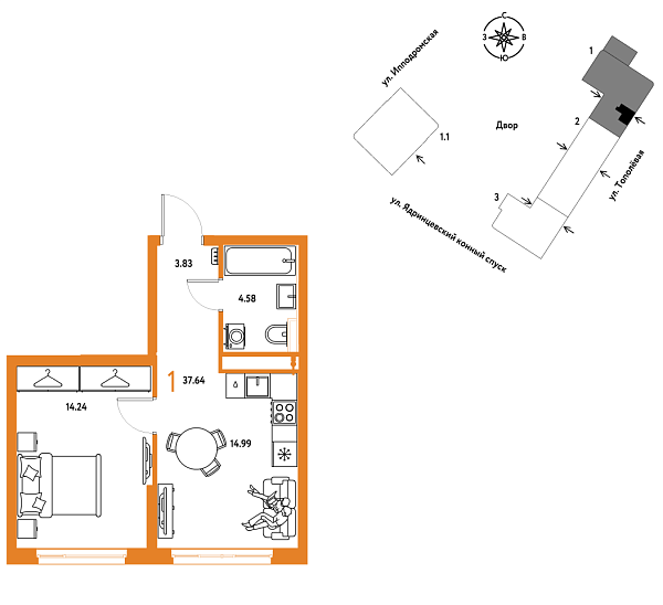 Новая 1-к квартира
 37.64 м² на 8/9 этаже в ЖК «Страна.Тополёвая» в городе Тюмень 
