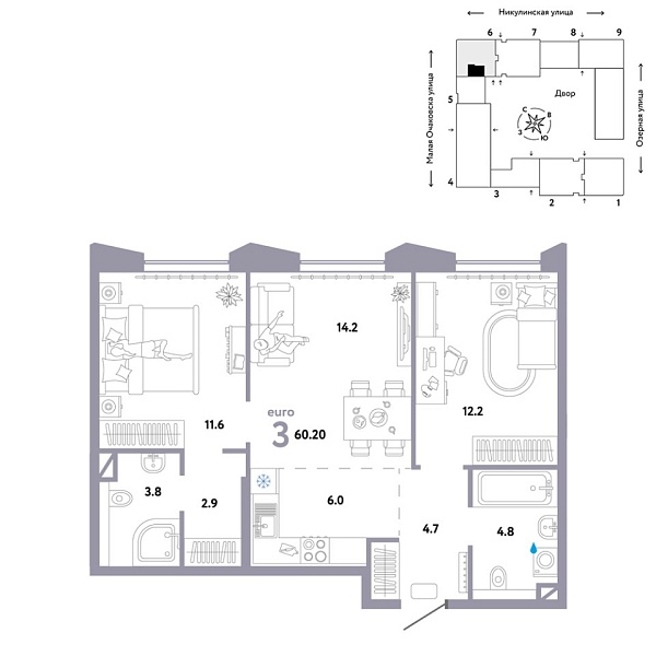 Новая 3-к квартира
 60.2 м² на 20/30 этаже в ЖК «Страна.Озёрная» в городе Тюмень 