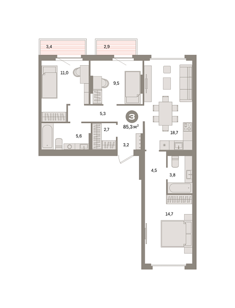 Новая 3-к квартира
 85.3 м² на 7/9 этаже в ЖК «Квартал «Депо»» в городе Тюмень 