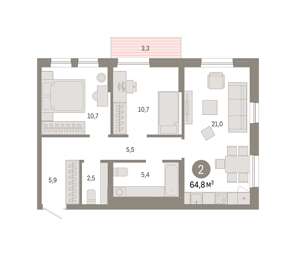 Новая 2-к квартира
 64.75 м² на 3/17 этаже в ЖК «Республики 205» в городе Тюмень 