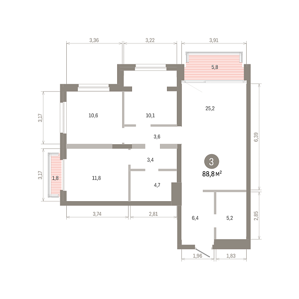 Количество комнат: 3,  89.33 кв.м.