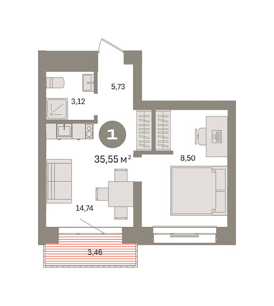Новая 1-к квартира
 35.55 м² на 4/9 этаже в ЖК «Речной порт» в городе Тюмень 