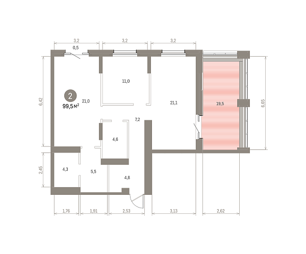 Количество комнат: 2,  99.5 кв.м.