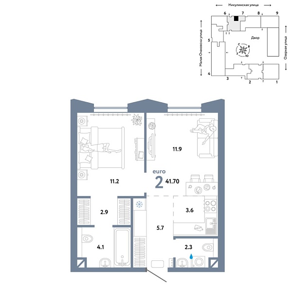 Новая 2-к квартира
 41.7 м² на 7/30 этаже в ЖК «Страна.Озёрная» в городе Тюмень 