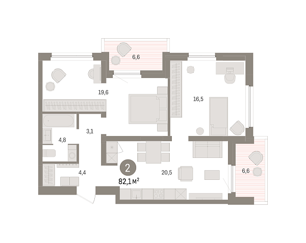 Новая 2-к квартира
 82.1 м² на 6/8 этаже в ЖК «Зарека» в городе Тюмень 