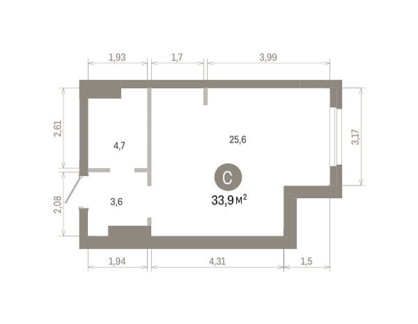 Количество комнат: Студия,  33.44 кв.м.
