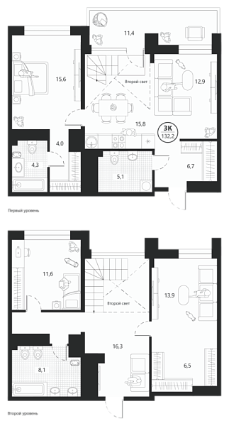 Новая 3-к квартира
 132.2 м² на 21/22 этаже в ЖК «Маэстро» в городе Тюмень 