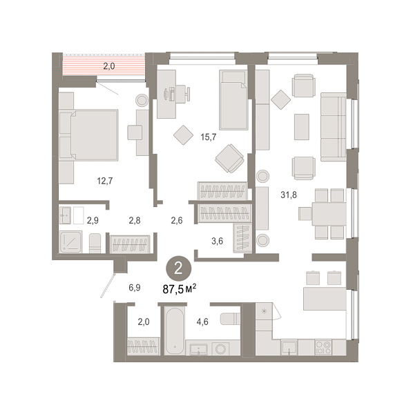 Новая 2-к квартира
 87.54 м² на 16/17 этаже в ЖК «Октябрьский на Туре» в городе Тюмень 