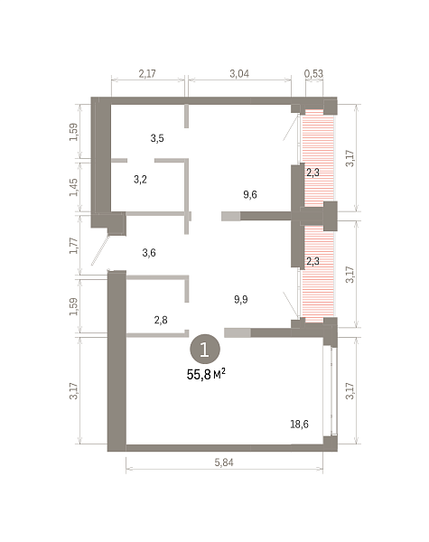 Количество комнат: 1,  55.76 кв.м.