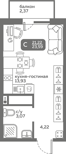 Новая квартира-студия
 21.22 м² на 11/20 этаже в ЖК «Меридиан Слобода» в городе Тюмень 